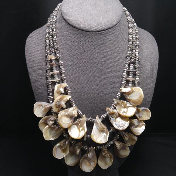 Chico's Natural Shell Beaded Necklace, Three Strands, Silver Beads, 22 Inches - Picture 1 of 11